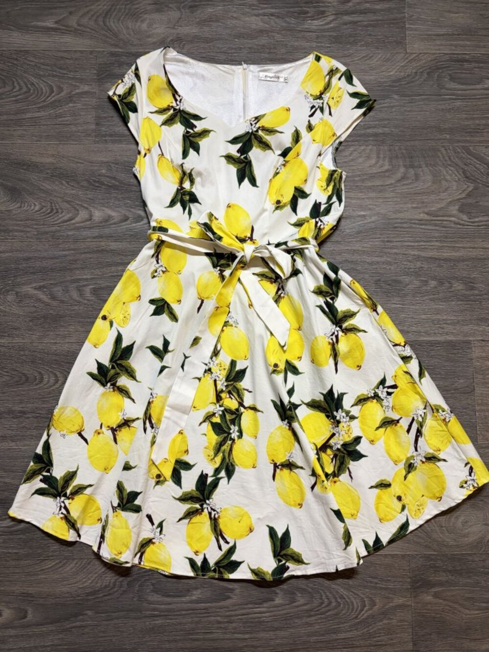 Lemon Print Fit Flare Dress XL Lightweight 50s Retro Tie Waist Rockabilly Midi